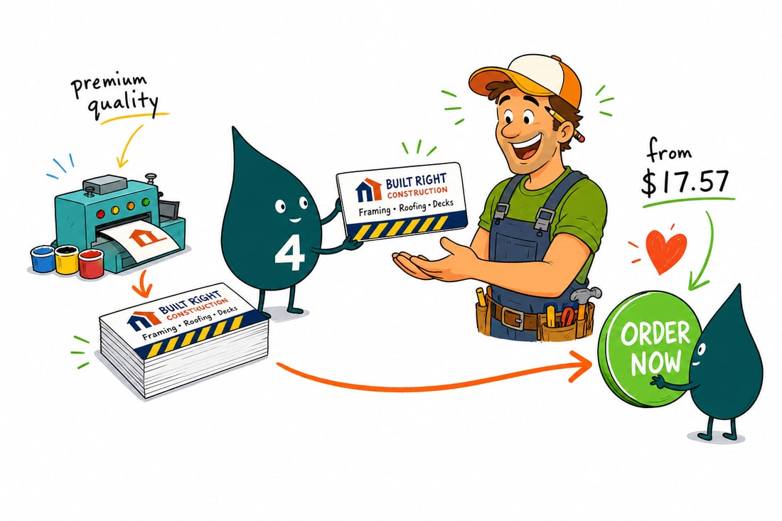 Wally the 4OVER4 mascot handing a contractor business card, priced at $17.57 for 100, to a client at a job site, teal hand-drawn line art.