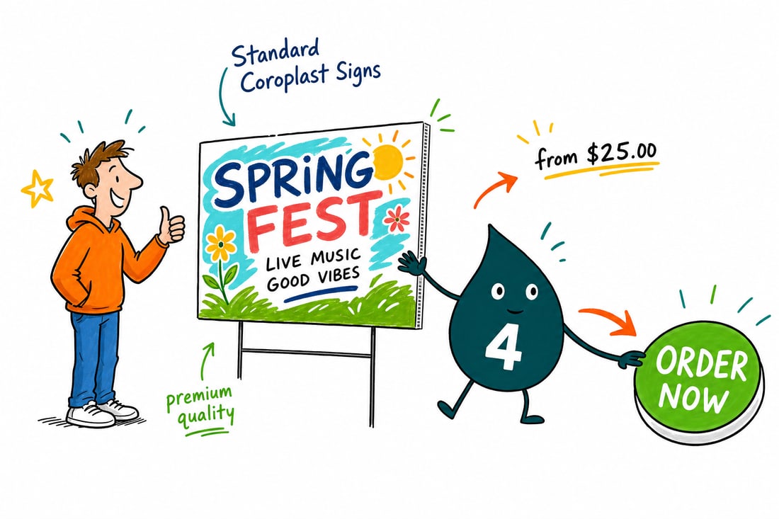 Wally the 4OVER4 mascot planting a full-color coroplast yard sign, priced at $25, into a green lawn with an H-stake, teal hand-drawn line art.