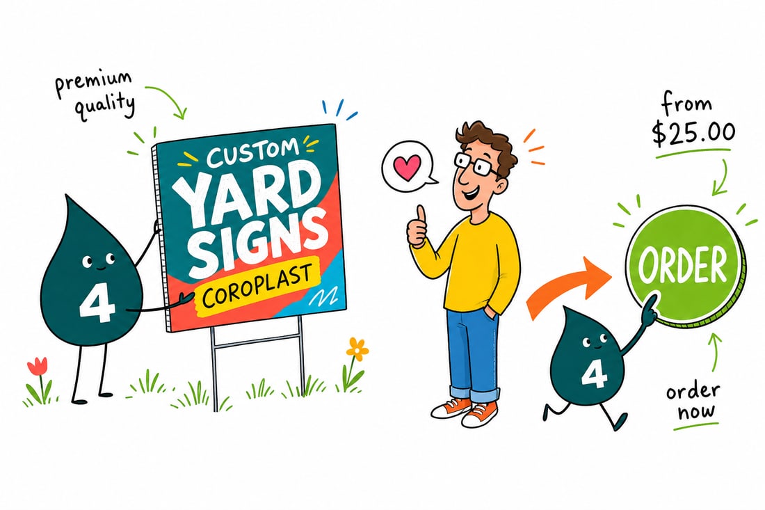 Wally the 4OVER4 mascot pushing an H-stake coroplast yard sign priced from $25 into a green lawn, teal hand-drawn line art.