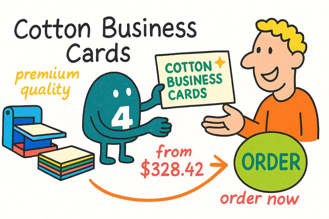 Wally the 4OVER4 mascot holding up a thick 45pt cotton business card with a foil-stamped logo and painted edges, handing it across a counter to an impressed customer, teal hand-drawn line art.