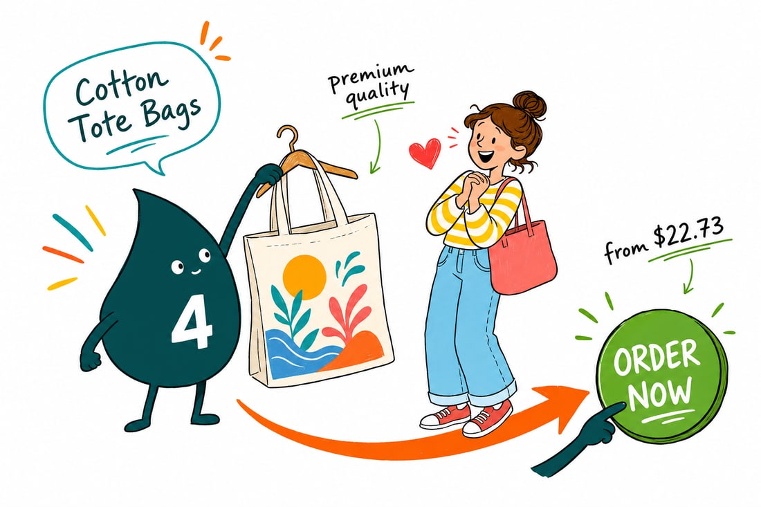 Wally the 4OVER4 mascot handing a printed 6oz cotton canvas tote bag, priced from $22.73, across a counter to a happy customer, teal hand-drawn line art.