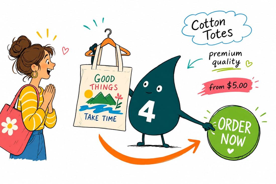 Wally the 4OVER4 mascot handing a natural cotton tote bag printed with a logo, priced at $5 each, across a counter to a happy customer, teal hand-drawn line art.
