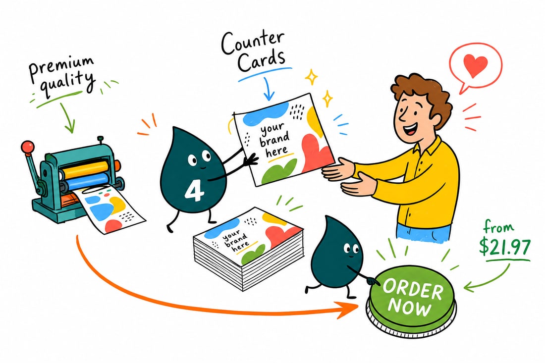 Wally the 4OVER4 mascot standing a rigid counter card on an easel at a store register, priced at $21.97, in front of a happy customer, teal hand-drawn line art.