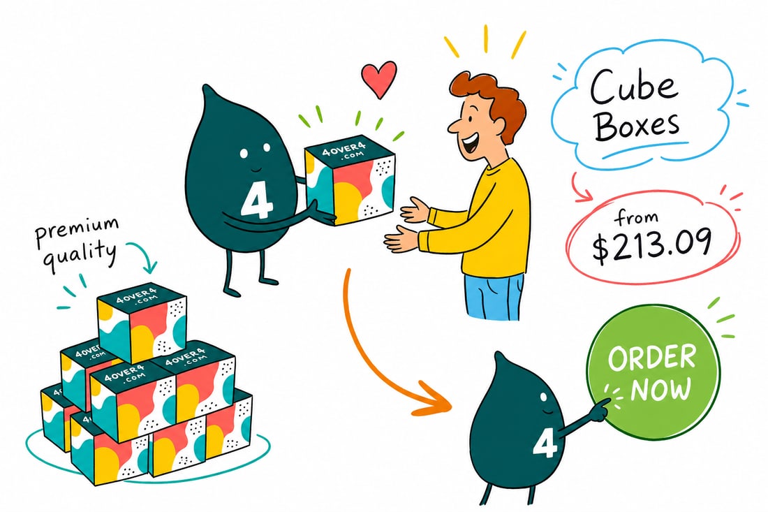 Wally the 4OVER4 mascot holding a printed cube box, full color on every face, priced from $213.09 for 50, handing it across a counter, teal hand-drawn line art.