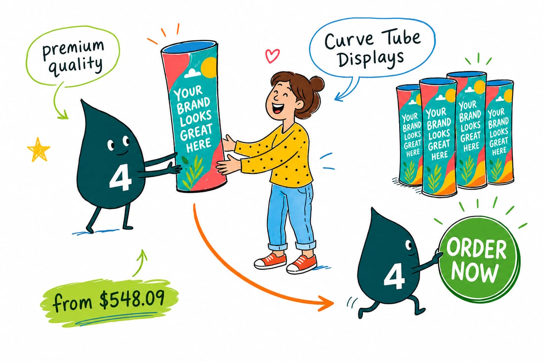 Wally the 4OVER4 mascot setting up a curved tension fabric trade show display priced at $548.09, sliding the printed fabric skin over a tube frame, teal hand-drawn line art.