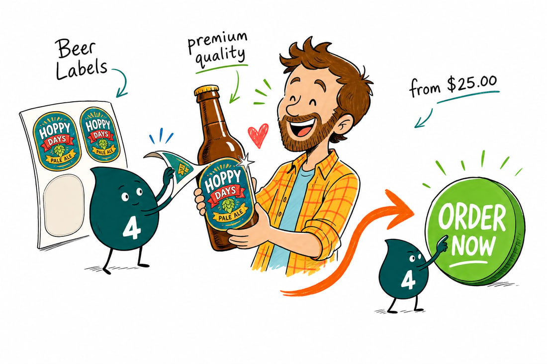 Wally the 4OVER4 mascot with a 4 on his chest smoothing a full-color custom beer label onto a glass bottle, teal hand-drawn line art.