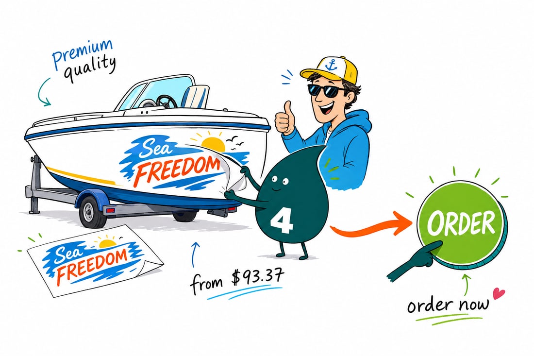 Wally the 4OVER4 mascot pressing a full color boat name decal onto a boat transom, priced at $93.37 for 25, teal hand-drawn line art.