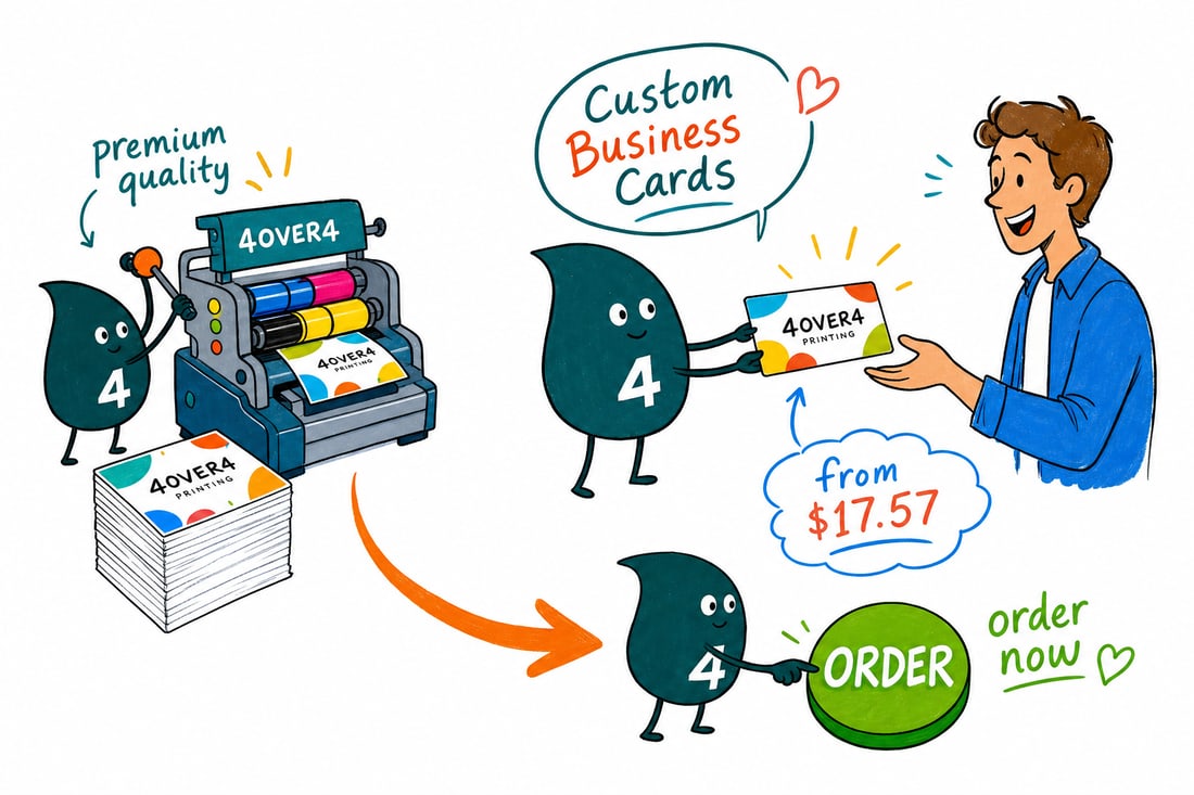 Wally the 4OVER4 mascot handing a custom business card, priced at $17.57 for 100, across a counter to a happy customer, teal hand-drawn line art.