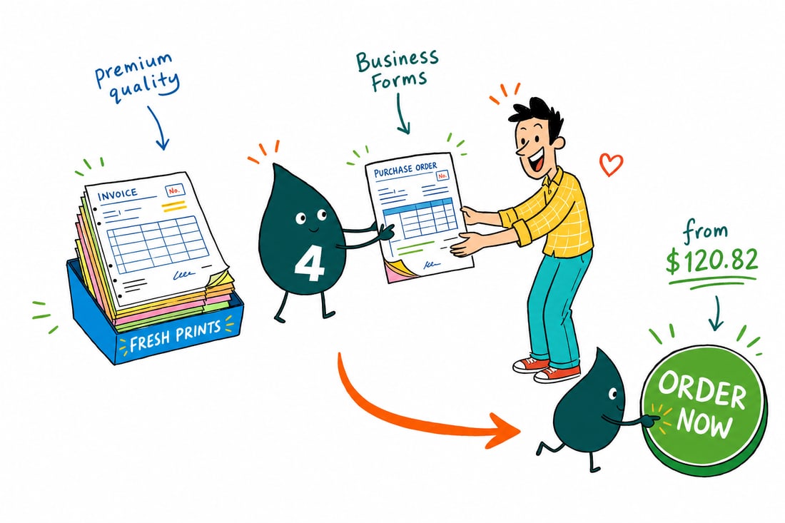 Wally the 4OVER4 mascot handing a multi-part carbonless business form set, priced at $120.82 for 100, across a counter to a small business owner, teal hand-drawn line art.