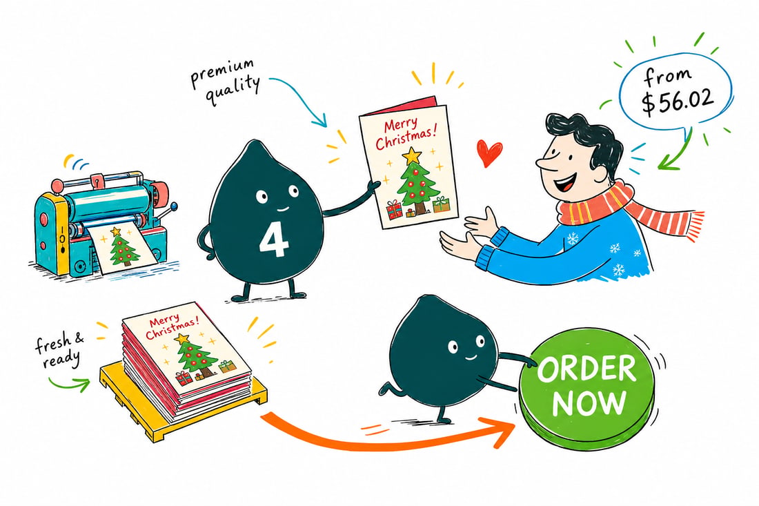 Wally the 4OVER4 mascot handing a folded 5 by 7 inch Christmas card with a matching envelope, priced at $31.86 for 25, across a counter to a happy customer, teal hand-drawn line art.