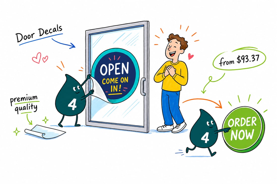 Wally the 4OVER4 mascot pressing a full-color door decal onto a glass storefront door, priced at $93.37 for 25, teal hand-drawn line art.