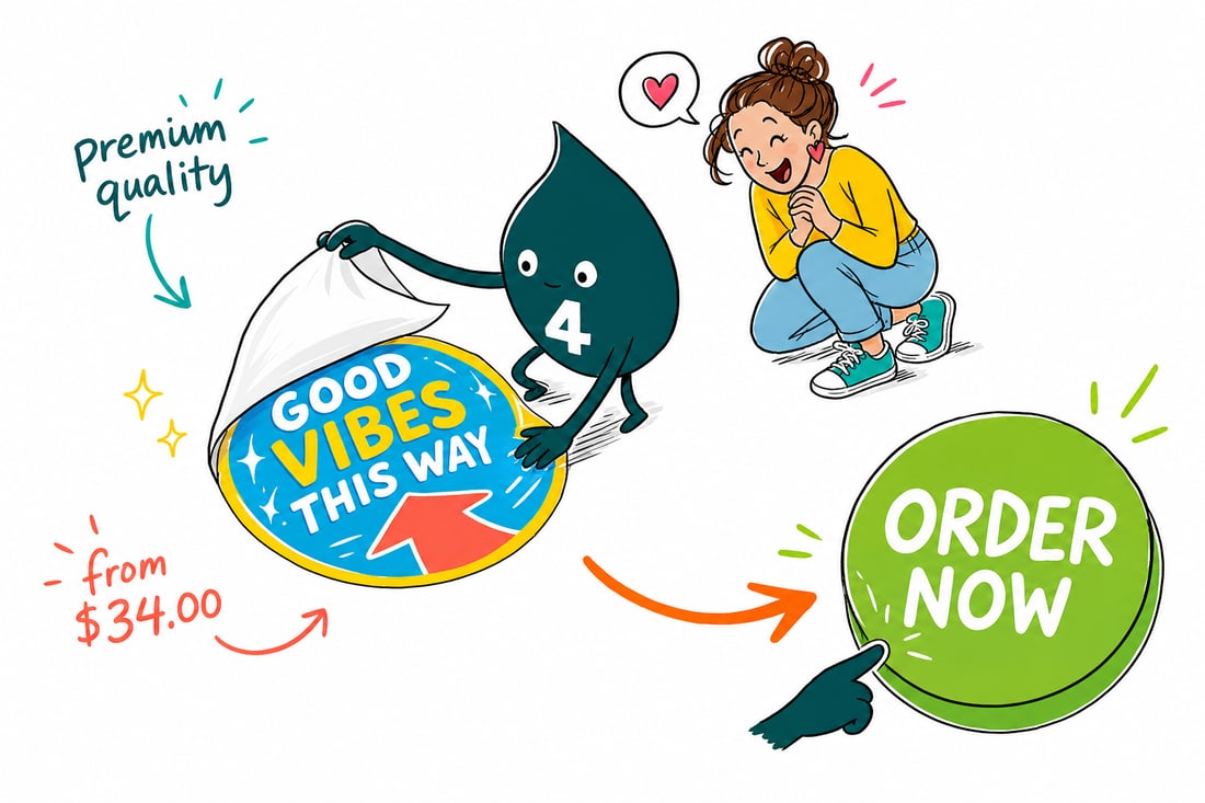 Wally the 4OVER4 mascot pressing a 9 by 18 inch floor decal arrow, priced at $34, onto a store floor while a shopper follows it, teal hand-drawn line art.
