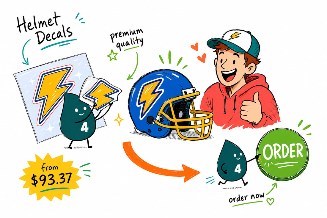 Wally the 4OVER4 mascot pressing a full-color custom decal onto a motorcycle helmet, priced from $93.37 for 25, teal hand-drawn line art.