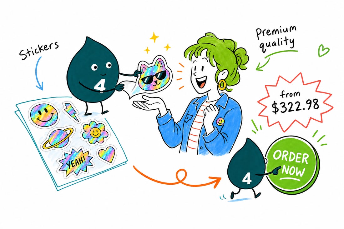 Wally the 4OVER4 mascot holding up a shiny silver holographic sticker that catches the light, priced from $322.98 for 100, teal hand-drawn line art.