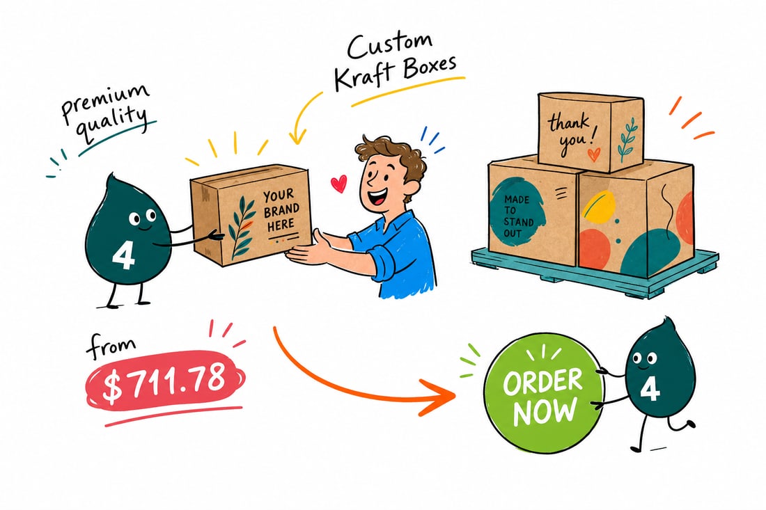 Wally the 4OVER4 mascot handing a full-color printed natural kraft box, priced at $711.78 for 250 units, across a counter to a happy customer, teal hand-drawn line art.
