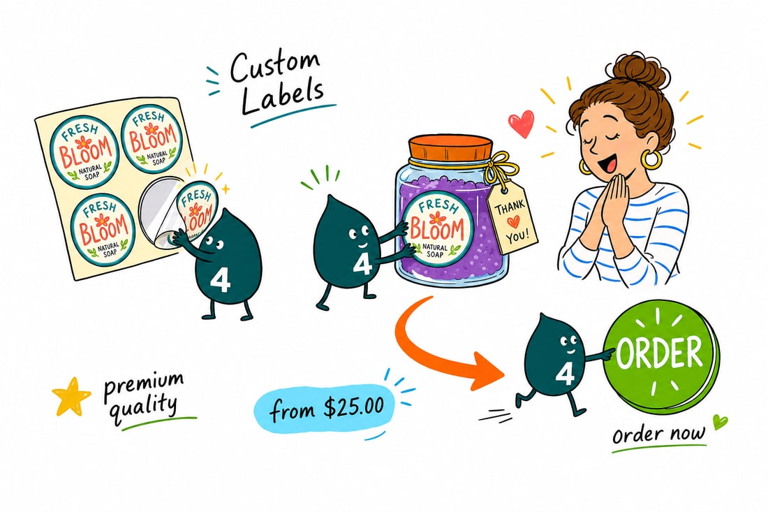 Wally the 4OVER4 mascot pressing a full-color custom label onto a bottle, priced from $25, teal hand-drawn line art.