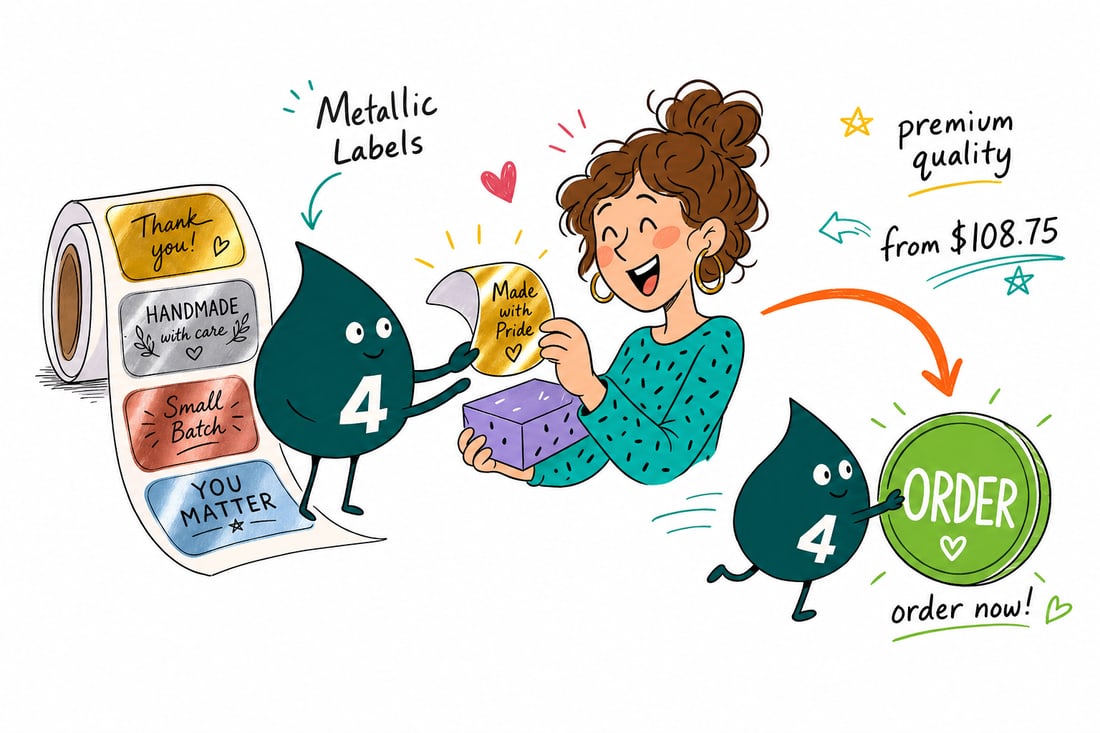 Wally the 4OVER4 mascot holding a metallic label with a shining metallic foil accent on a semi-gloss surface, priced at $108.75 for 500, handing it across a counter, teal hand-drawn line art.