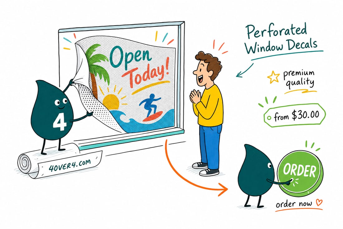 Wally the 4OVER4 mascot holding a perforated window decal against a storefront window, a full graphic showing on the street side and a see-through view from inside, teal hand-drawn line art.