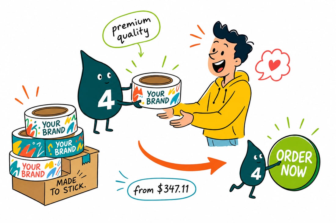 Wally the 4OVER4 mascot pressing a strip of custom printed packaging tape across a shipping box, the tape showing a bold logo, teal hand-drawn line art.