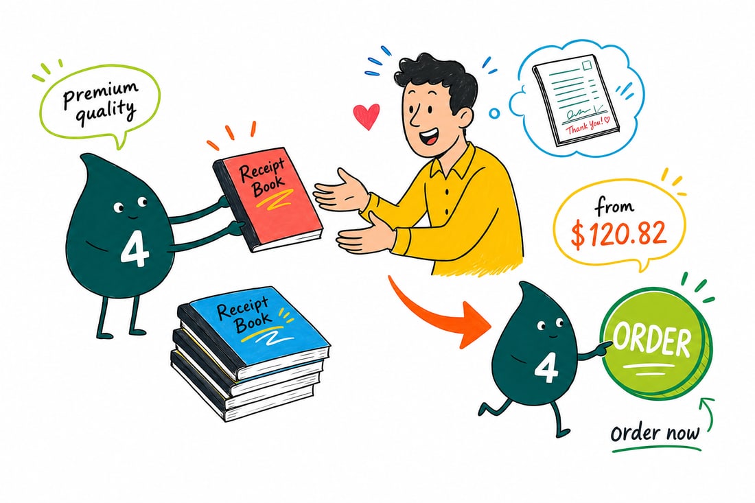 Wally the 4OVER4 mascot handing a multi-part carbonless receipt book, priced at $120.82 for 100, across a counter to a happy customer, teal hand-drawn line art.