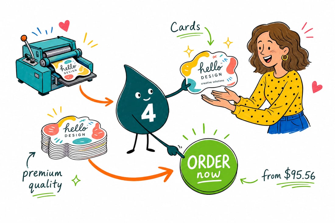 Wally the 4OVER4 mascot handing a die-cut, custom shaped business card cut into a bold silhouette across a counter to a happy customer, teal hand-drawn line art.