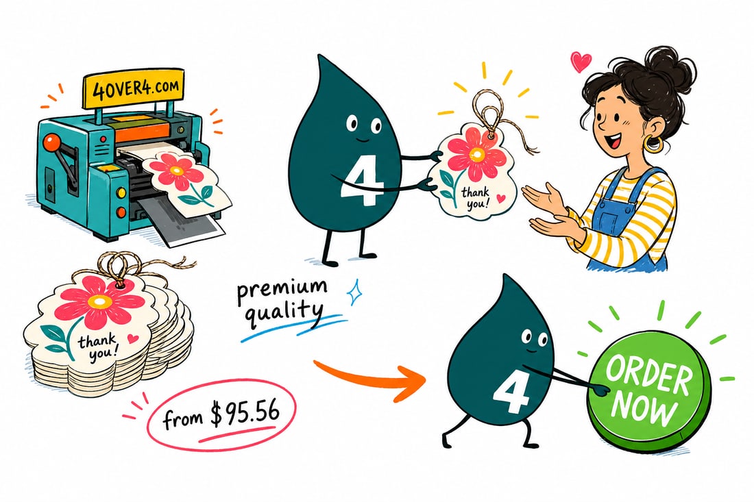 Wally the 4OVER4 mascot tying a die-cut shaped hangtag priced at $107.64 for 50 onto a folded garment, teal hand-drawn line art.