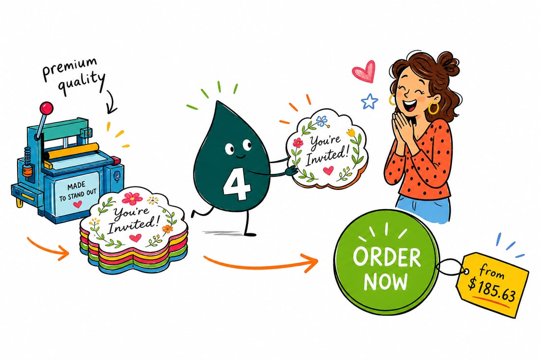 Wally the 4OVER4 mascot holding a heart-shaped die-cut invitation card, priced from $185.63 for 50, teal hand-drawn line art.