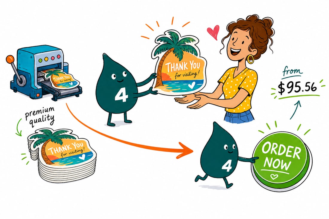 Wally the 4OVER4 mascot holding a die-cut shaped postcard, priced at $135.11 for 50, handing it across a counter to a happy customer, teal hand-drawn line art.