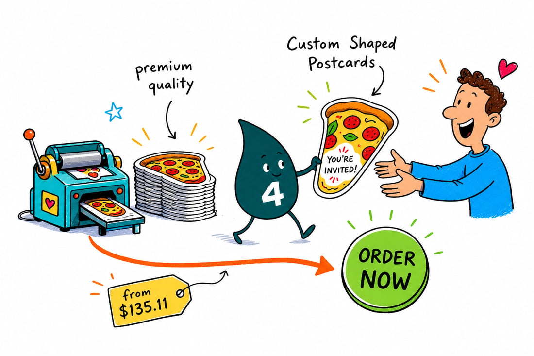 Wally the 4OVER4 mascot holding a die-cut shaped postcard, priced at $135.11 for 50, handing it across a counter to a happy customer, teal hand-drawn line art.