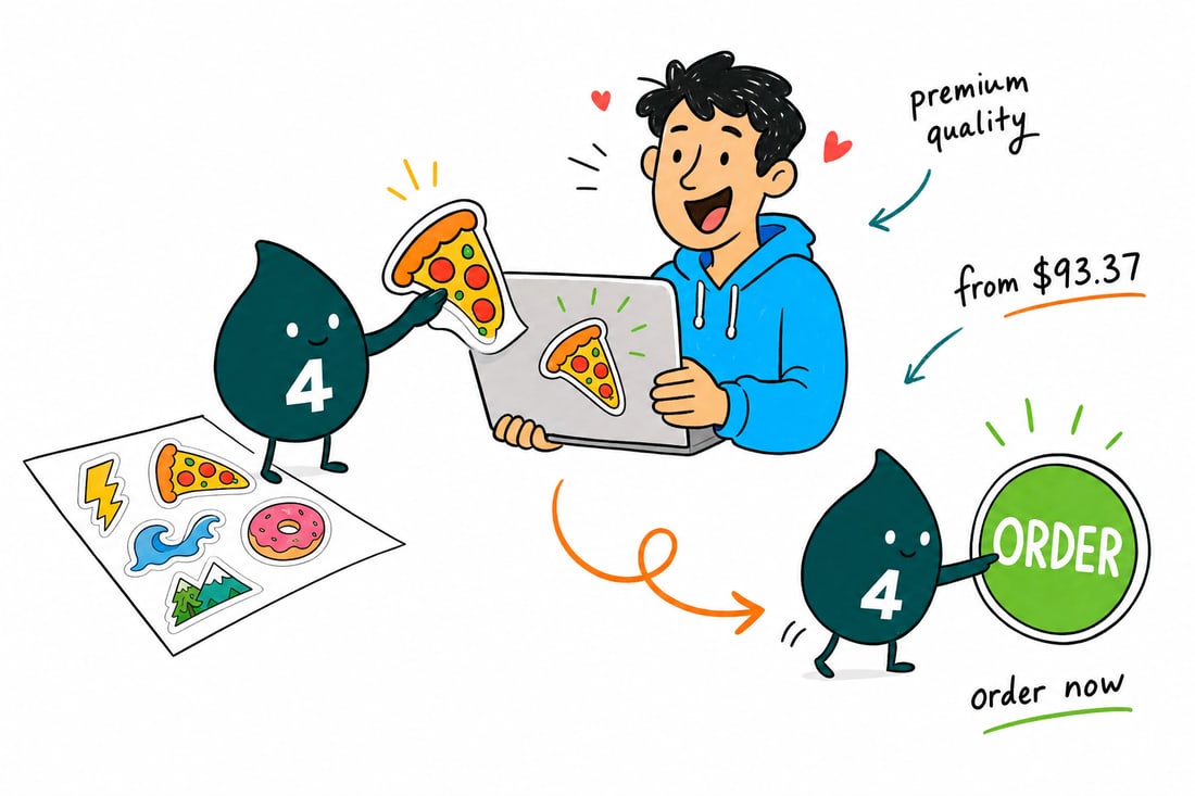 Wally the 4OVER4 mascot peeling a custom shaped die-cut sticker in the outline of a logo, priced from $93.37 for 25, teal hand-drawn line art.