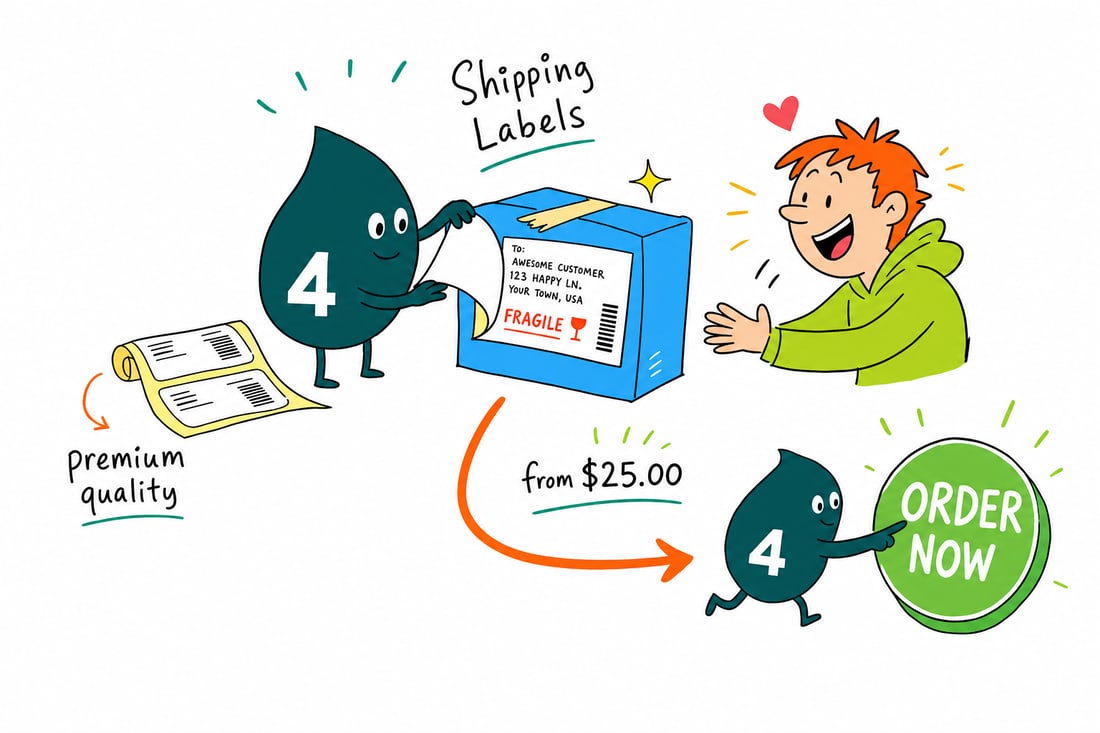 Wally the 4OVER4 mascot pressing a full-color custom shipping label, priced from $25, onto a parcel at a packing bench, teal hand-drawn line art.