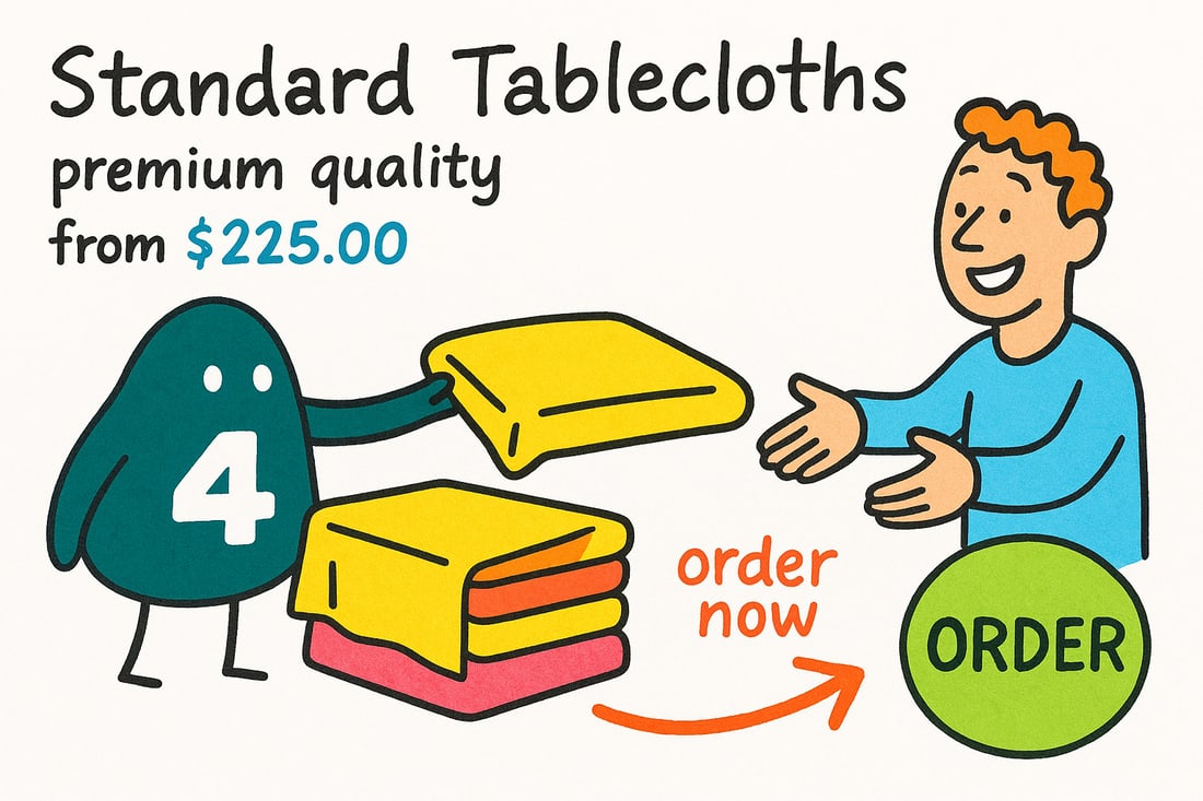 Wally the 4OVER4 mascot draping a full-color printed custom tablecloth over a 6-foot folding table at an event booth, teal hand-drawn line art.