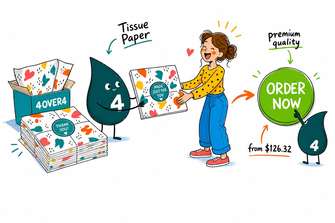 Wally the 4OVER4 mascot lining a shipping box with printed custom tissue paper, sheets priced at $126.32 for 100, teal hand-drawn line art.