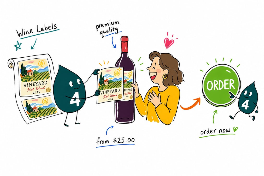 Wally the 4OVER4 mascot pressing a custom wine label onto a wine bottle, priced from $25, teal hand-drawn line art.