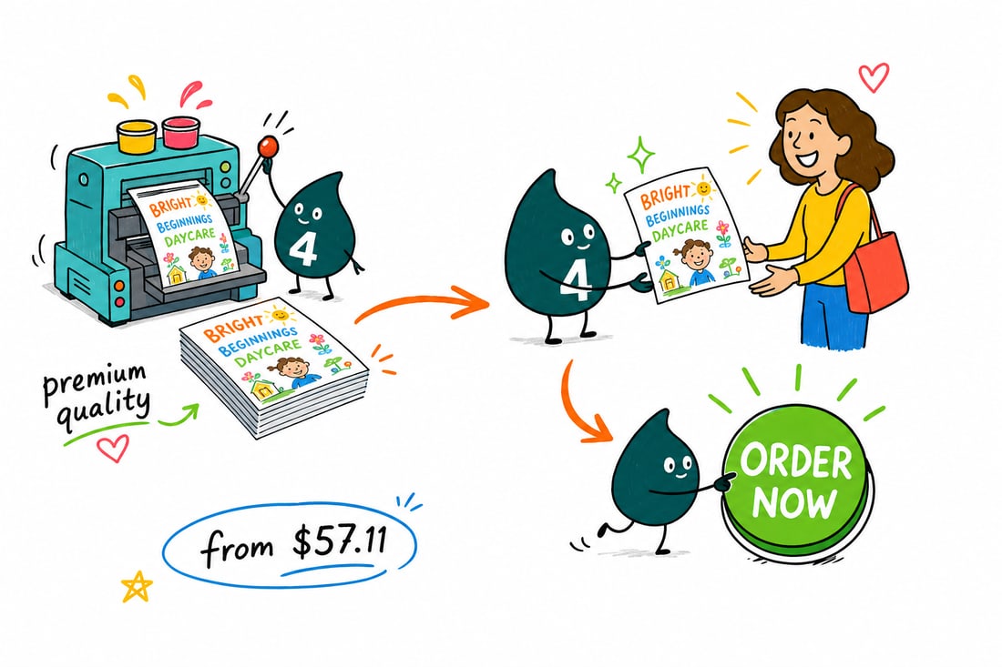 Wally the 4OVER4 mascot handing a full-color daycare flyer, priced at $39.54 for 50, to a smiling parent at a school pickup line, teal hand-drawn line art.