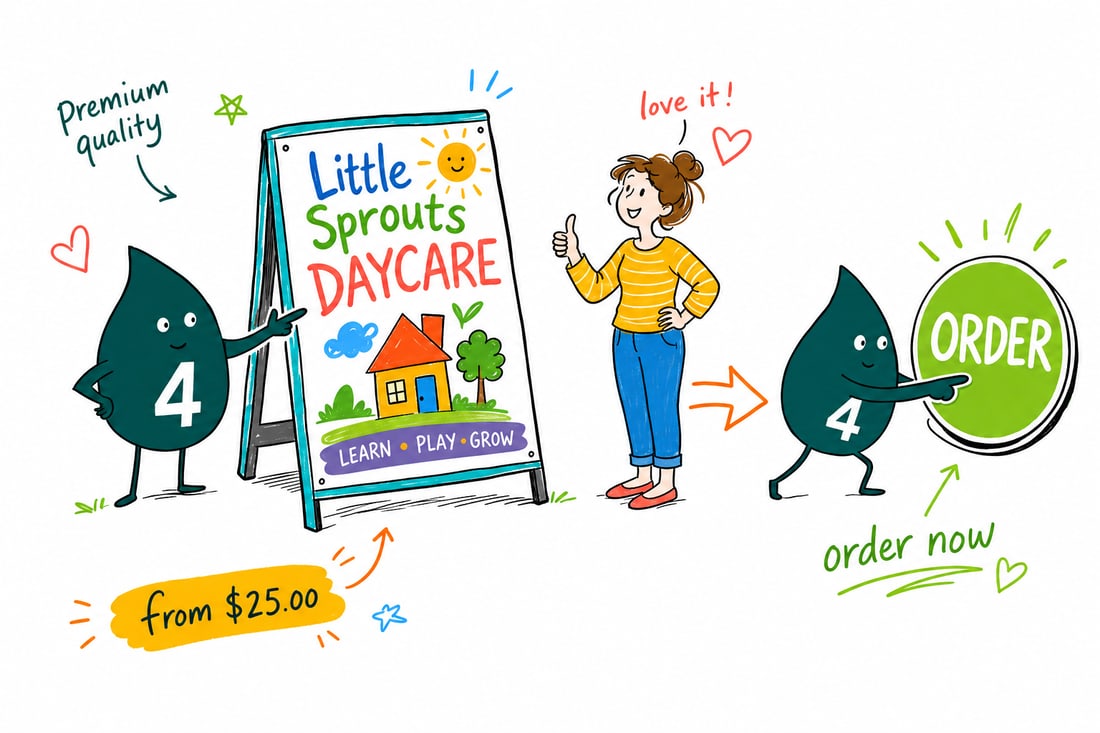 Wally the 4OVER4 mascot hanging a bright 11 by 17 inch daycare sign that reads Welcome on a childcare center door, priced at $25, teal hand-drawn line art.