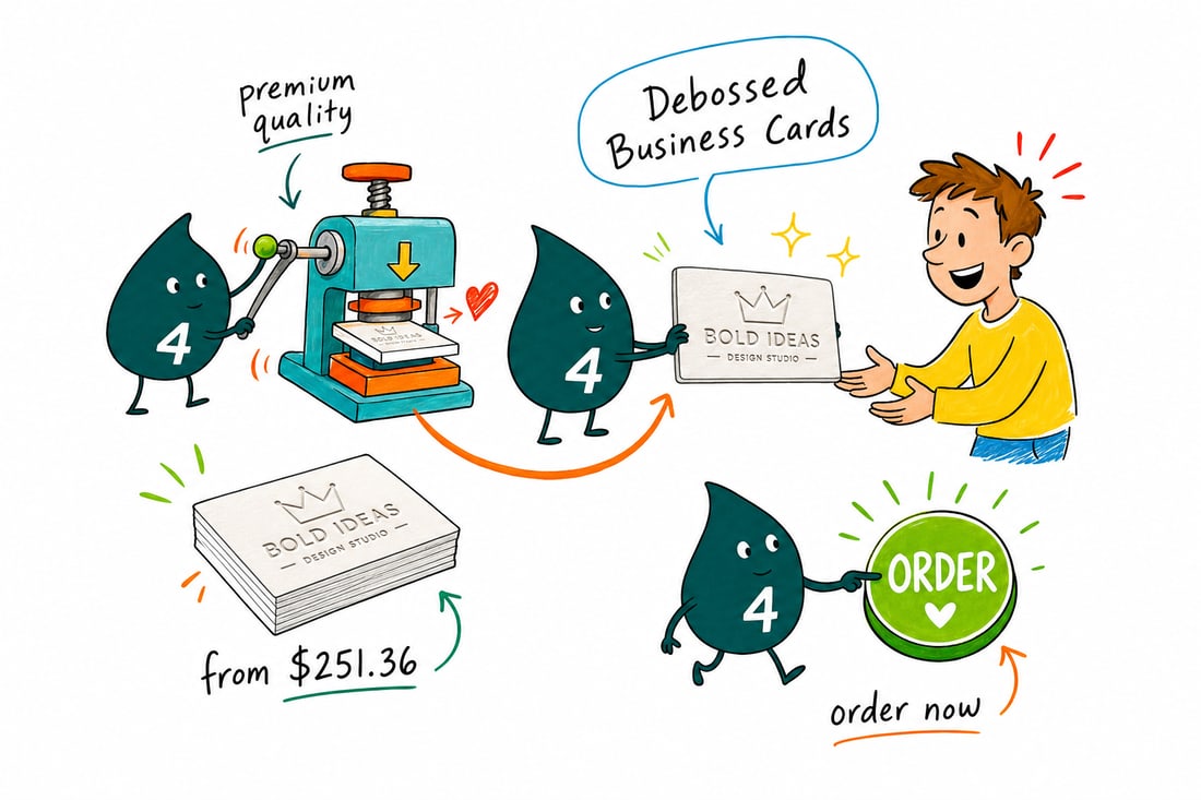 Wally the 4OVER4 mascot pressing a design into a thick business card with a metal die, showing the recessed debossed logo, priced from $251.36 for 250, teal hand-drawn line art.