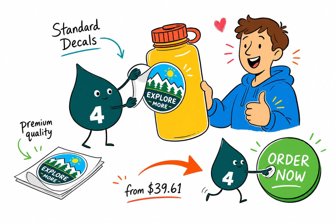 Wally the 4OVER4 mascot pressing a large 18 by 24 inch vinyl wall decal onto a smooth wall, priced from $39.61, teal hand-drawn line art.