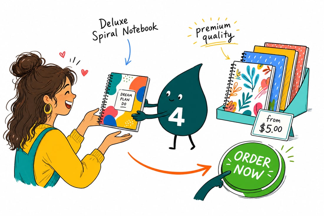 Wally the 4OVER4 mascot holding an open spiral notebook that folds flat, its full color cover facing out, teal hand-drawn line art.
