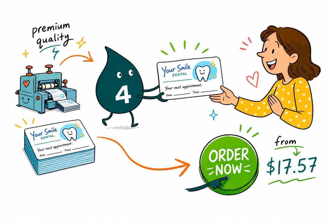 Wally the 4OVER4 mascot handing a 2 by 3.5 inch dental appointment card, priced at $17.57 for 100, across a reception desk to a smiling patient, teal hand-drawn line art.