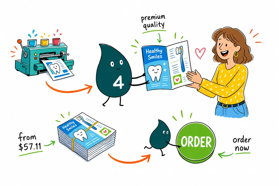 Wally the 4OVER4 mascot handing a folded dental brochure, priced at $57.11 for 50, to a patient at a dental office front desk, teal hand-drawn line art.