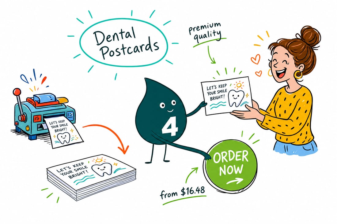 Wally the 4OVER4 mascot handing a full-color dental postcard, priced at $16.48 for 50, across a front desk to a smiling dental patient, teal hand-drawn line art.
