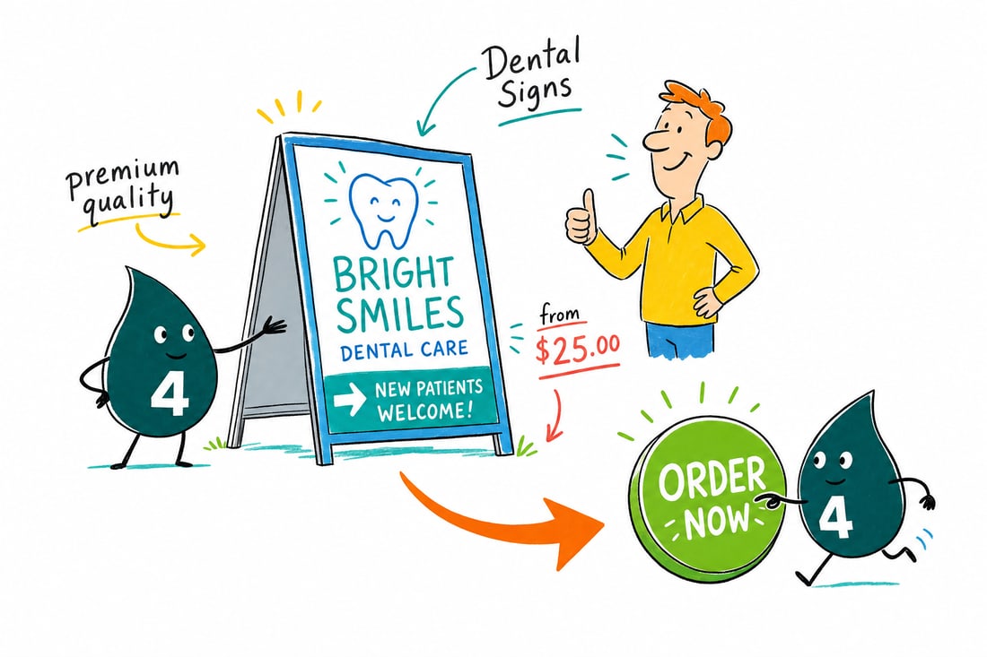 Wally the 4OVER4 mascot mounting a printed dental office sign on a clinic wall, priced from $25, teal hand-drawn line art.