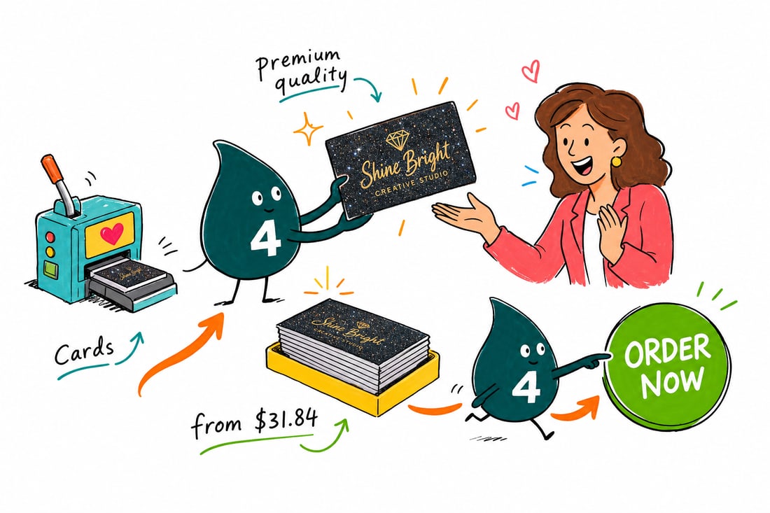 Wally the 4OVER4 mascot handing a sparkling diamond glitter business card, priced at $31.84 for 50, across a counter to a delighted customer, teal hand-drawn line art.