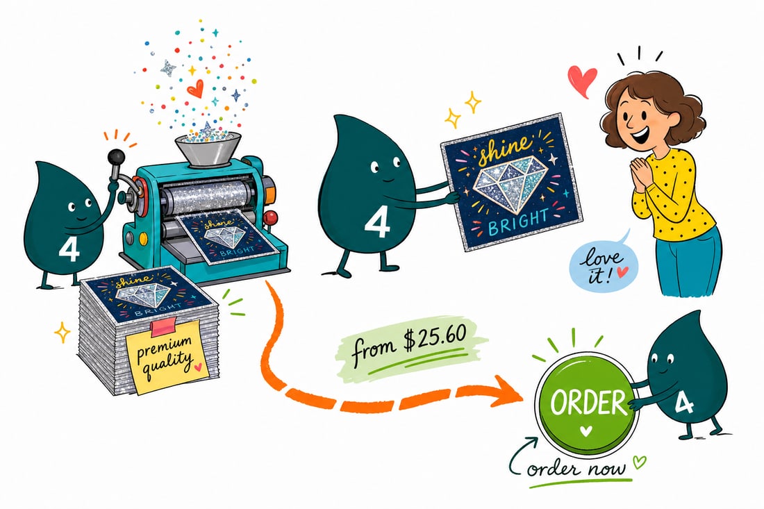 Wally the 4OVER4 mascot holding a sparkling diamond glitter postcard, priced at $25.60 for 50, teal hand-drawn line art.