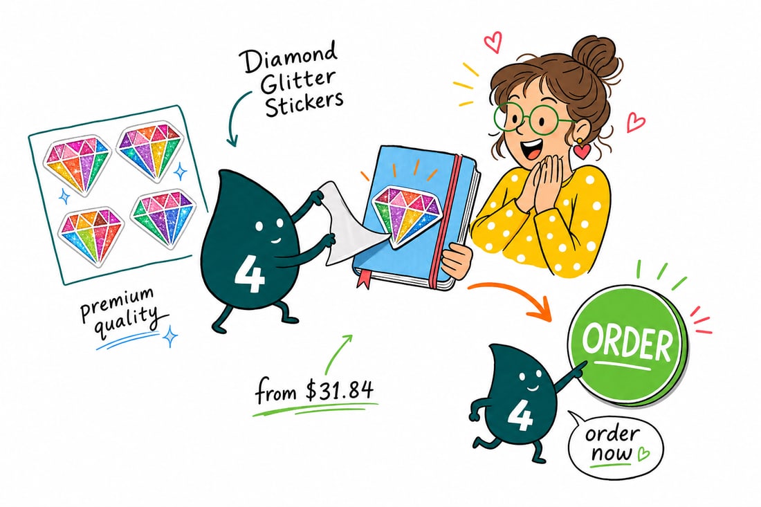 Wally the 4OVER4 mascot pressing a sparkling diamond glitter sticker onto a gift box, priced at $31.84 for 50, teal hand-drawn line art.