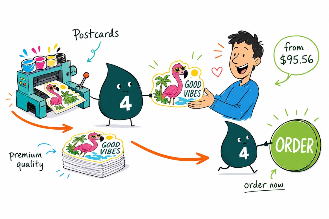 Wally the 4OVER4 mascot holding a custom die-cut postcard shaped like a house, priced from $126.32 for 50, teal hand-drawn line art.