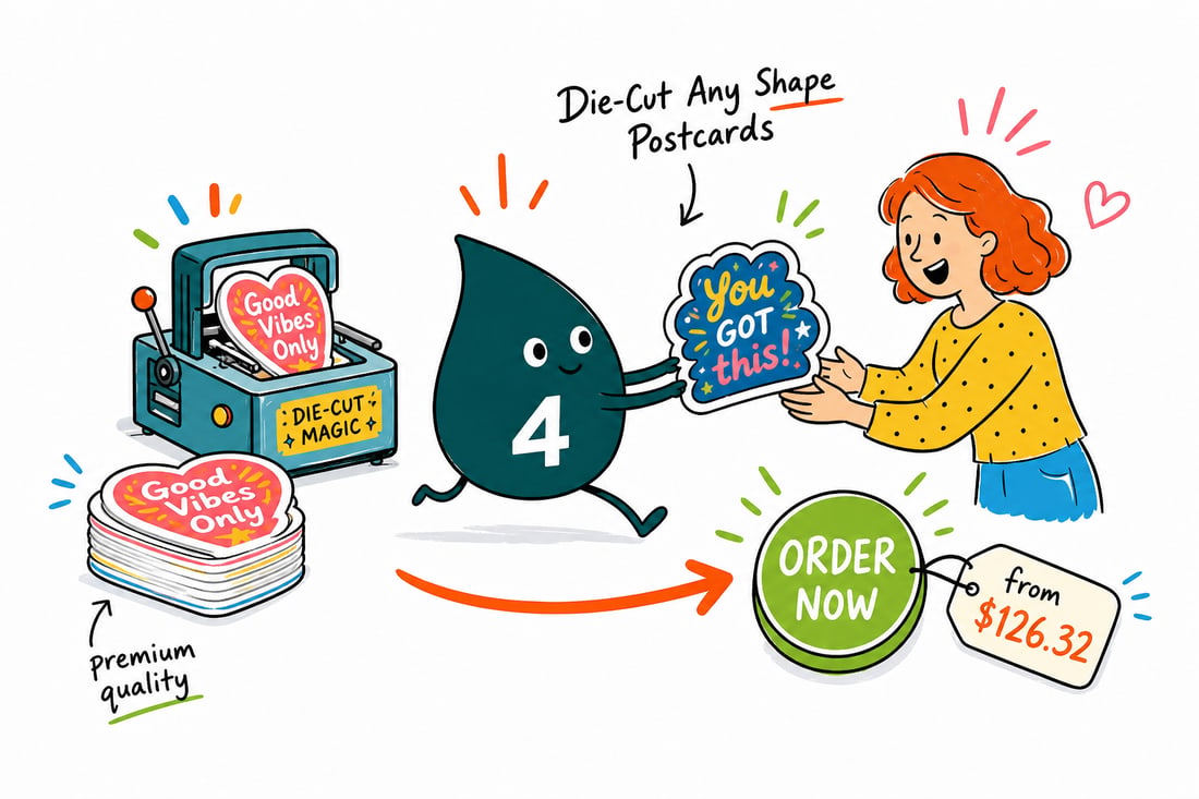 Wally the 4OVER4 mascot holding a custom die-cut postcard shaped like a house, priced from $126.32 for 50, teal hand-drawn line art.