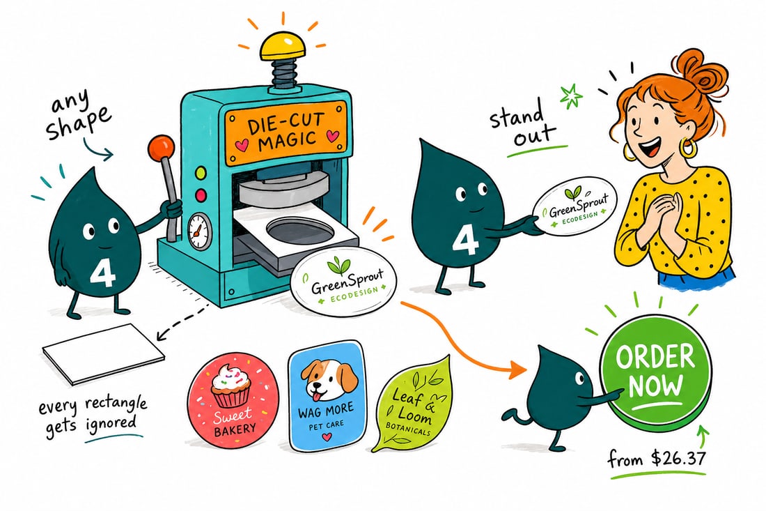 Wally the 4OVER4 mascot running a die-cutting press that stamps a plain rectangle into an oval die-cut business card priced at $26.37 for 100, handing the shaped card to a happy customer, teal hand-drawn line art.