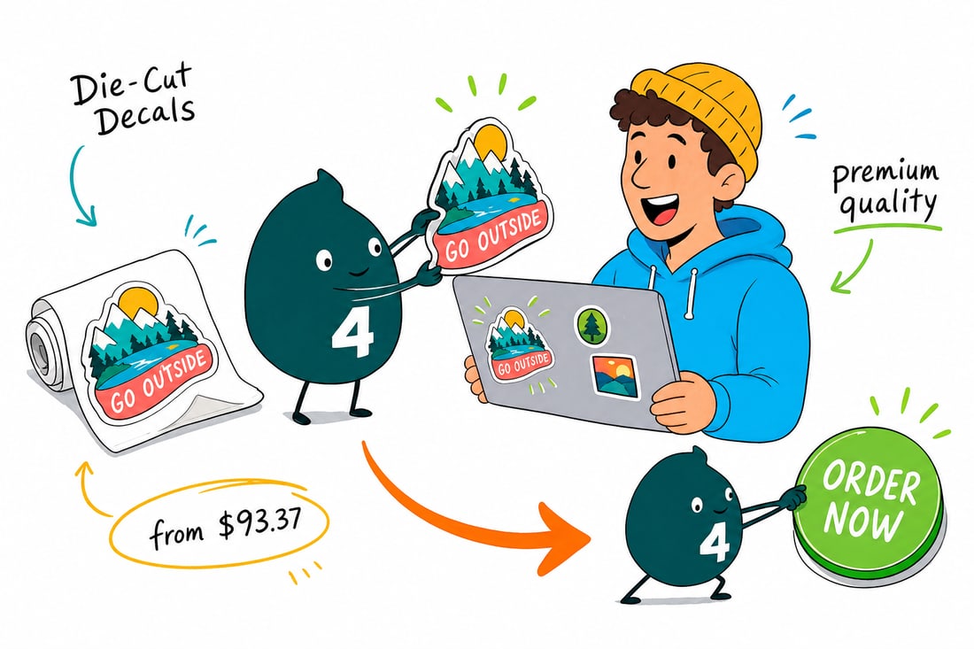 Wally the 4OVER4 mascot peeling a custom die-cut decal shaped like a logo off its backing, priced from $93.37 for 25, teal hand-drawn line art.